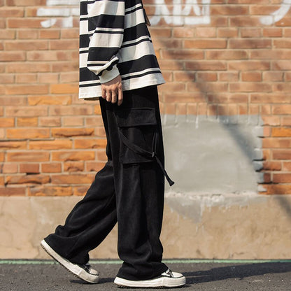 Bonsir Brown Black Corduroy Pants Men Fashion Pocket Cargo Pants Men Japanese Streetwear Hip Hop Loose Straight Pants Mens Trousers