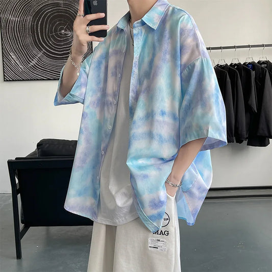 sanyamk Tie-dye Shirts Men Loose Youthful Vitality Contrast Color Cozy Korean Style Minimalist Stylish Hip Hop Aesthetic Teens Clothing