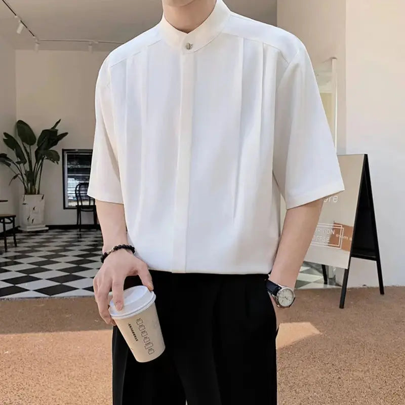 sanyamk Round Neck Temperament Man Simplicity Shirts Solid Color Short Sleeve Handsome Button Korean Fashion Casual Men's Clothing