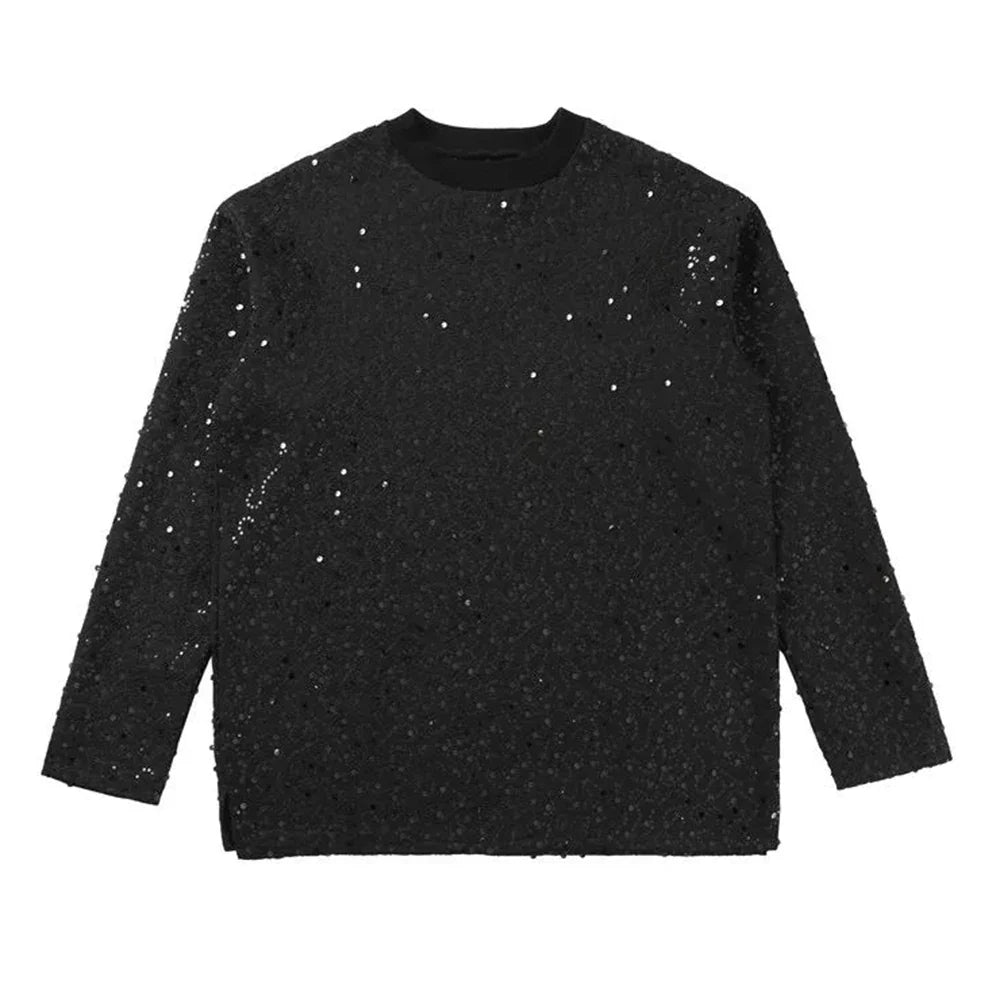 sanyamk Mens Autumn Y2k Sequined Korean Style Loose Long-Sleeved T-Shirt Autumn Genderless Nightclub Personalized Fashion Tops Unisex