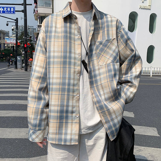 sanyamk New Vintage Plaid Shirt Men Clothing Japanese Korean Fashion Designer Loose Long Sleeve Casual Oversized Shirts for Men