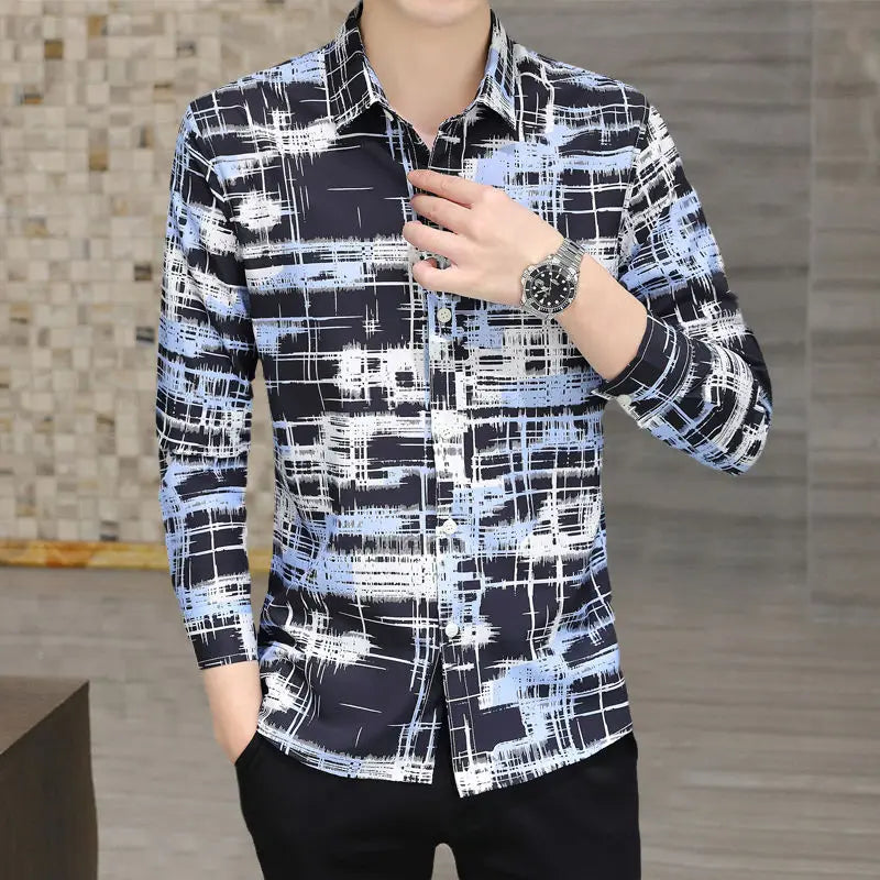 sanyamk Spring Summer Polo-neck Fashion Printed Long Sleeve Blouse Homme Vintage Buttons Top Men Personity Trend Shirt Hombre Cardigan