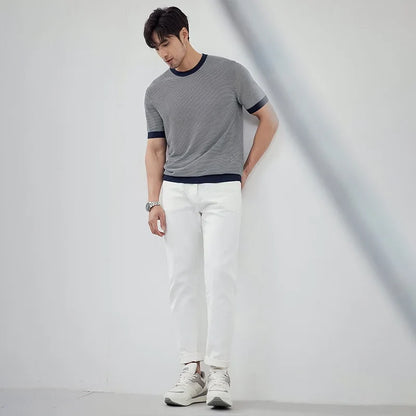 sanyamk  -  Men's Short Sleeve T-shirts Casual Knitting Striped Tops All-match Solid Color Pullover Soft Slim Fit Breathable T Shirt C104
