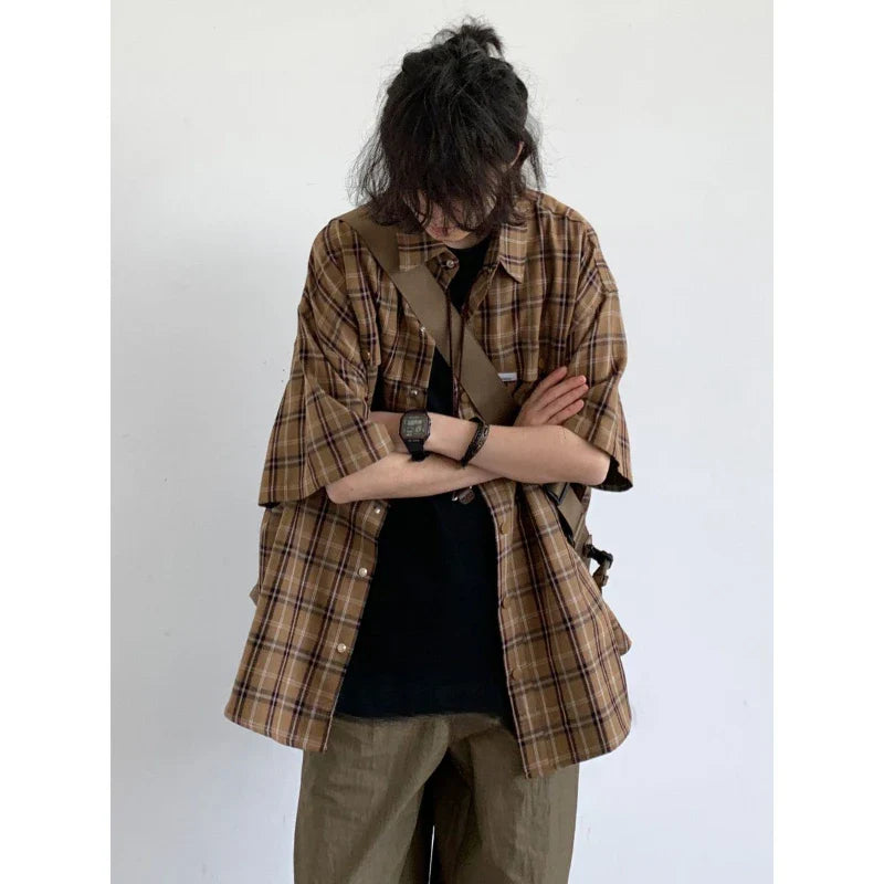 sanyamk Summer Retro Plaid Shirt Set Men Japanese Contrasting Color Fashion Casual Couple Suit Street Trend Mens Two-piece Set 2024 New