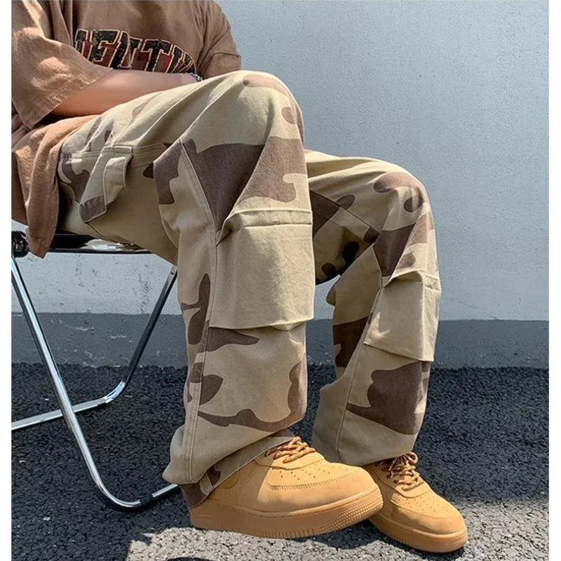 sanyamk American Trend Vintage Summer Casual Cargo Pants Men Print Elastic Waist Drawstring High Street Loose Straigh Wide Leg Trousers