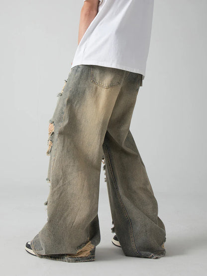 sanyamk Old and Worn Hole Jeans, High Street, Wasteland Style, Small Crowd Vibe, Beggar, Floor Sweeping Long Pants, blusa masculina