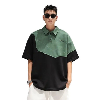 sanyamk Summer Street Hip Hop Men and Women Trendy Personality Polo Color Block Short Sleeve American Loose Retro Casual T-shirt Top y2k