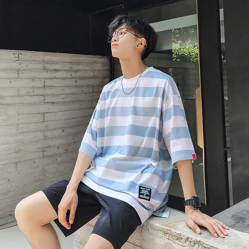 Bonsir New stripe Mens T Shirt Cotton  Summer  Male Oversized Tee Shirts 5XL Big Size Japanese Harajuku street Fashion Clothing