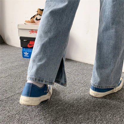 sanyamk Blue Jeans Men Loose Straight Leg Split Pants Spring New Casual Streetwear Pants Korean Kpop Clothes Simple All-match Trousers