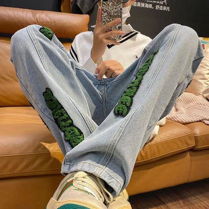 sanyamk Jeans for Men With Print Straight Trousers Grunge Y2k Graphic Baggy Low Rise Stretch 2024 Trend 90s Streetwear Mens Cowboy Pants