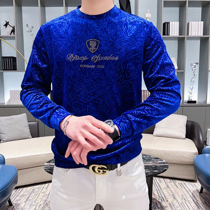 Bonsir Velvet Rhinestone T-shirt Men Fashion Long Sleeve Sweatshirt Casual Pullover Business Social Streetwear Men Clothing