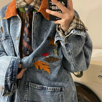 sanyamk Man Homemade Cowboy Coats Spring And Autumn Maple Leaf Embroidery Outerwear Bf Retro Loose Work Bomber Denim Jacket