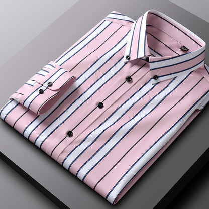 sanyamk Men Spring Summer Comfortable Vertical Striped Strech Mens Dress Shirts Long Sleeve Soft Business Work Shirt  No Pocket Male