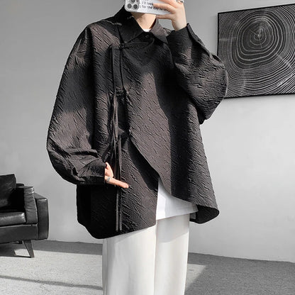 sanyamk Men's Luxury Chic Texture Shirt Vintage Casual Drapped Solid Color Button-down Long Sleeve Shirts for Men All-match Clothing