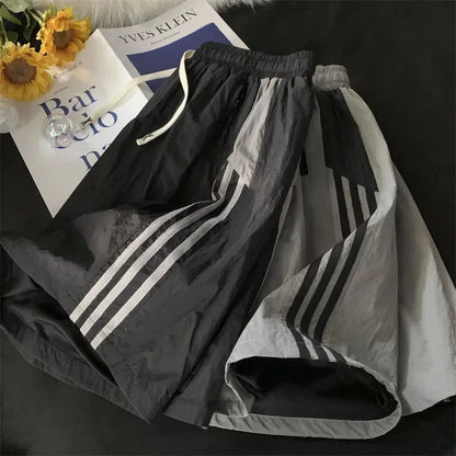 Bonsir Striped Shorts Women Summer Streetwear Thin Loose Wide Leg Shorts Bf Korean High Waist Couple Oversized Sports Shorts New