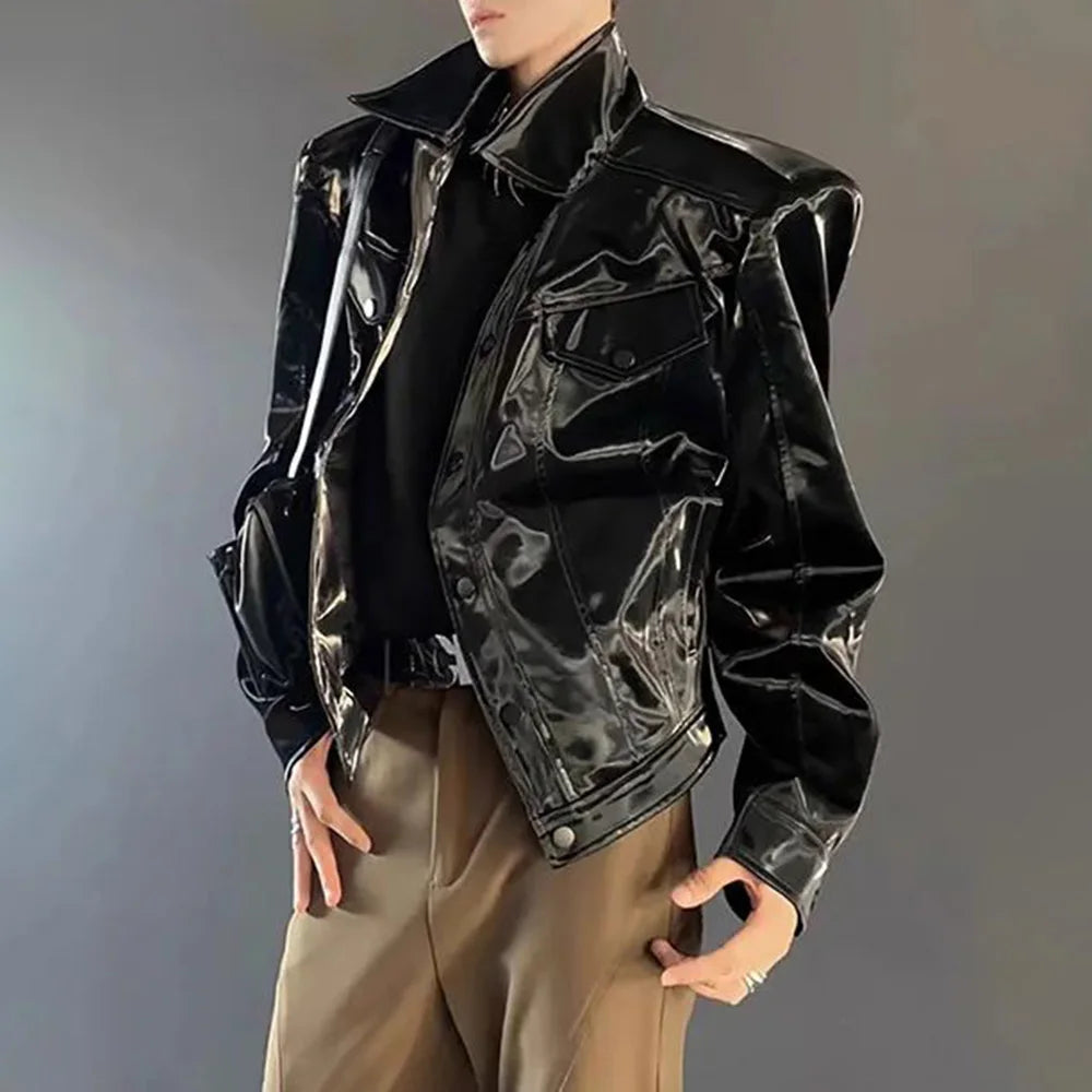 sanyamk Mens Pu Leather Jacket Shiny Shoulder Pad Leather Jacket Autumn Streetwear Biker Pu Leather Long-Sleeve Top Men'S Clothing 2024