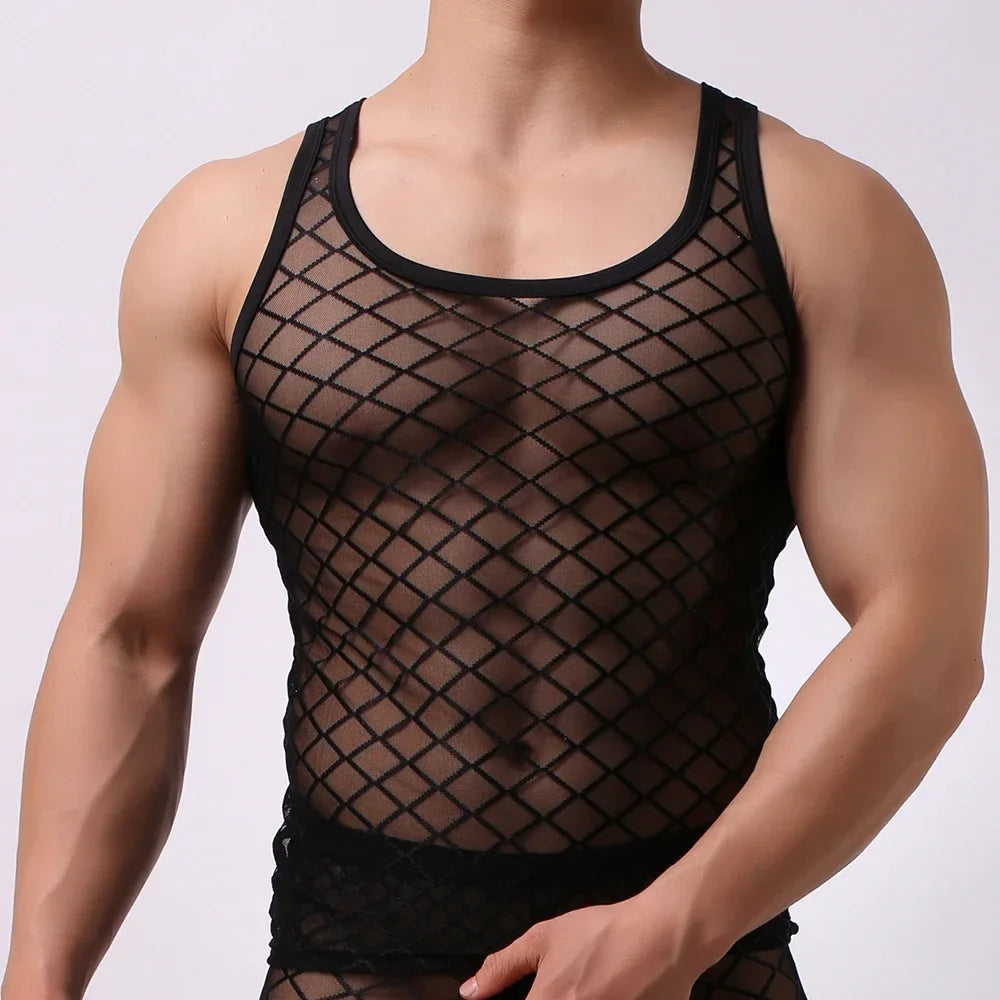 sanyamk Men Summer Sexy Transparent See-through Sexy Vest Sleeveless Shirts Gym Sports Tanks Tops Man Solid Color See Through Undershirt