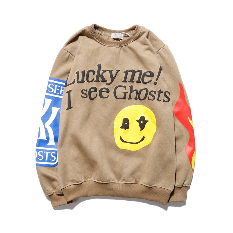 Bonsir Lucky me Hoodies Men I see Ghosts Hoodies Kanye West Pullovers Harajuku Fleece Hoodie Hip Hop Stranger Things Hooded Hoodies