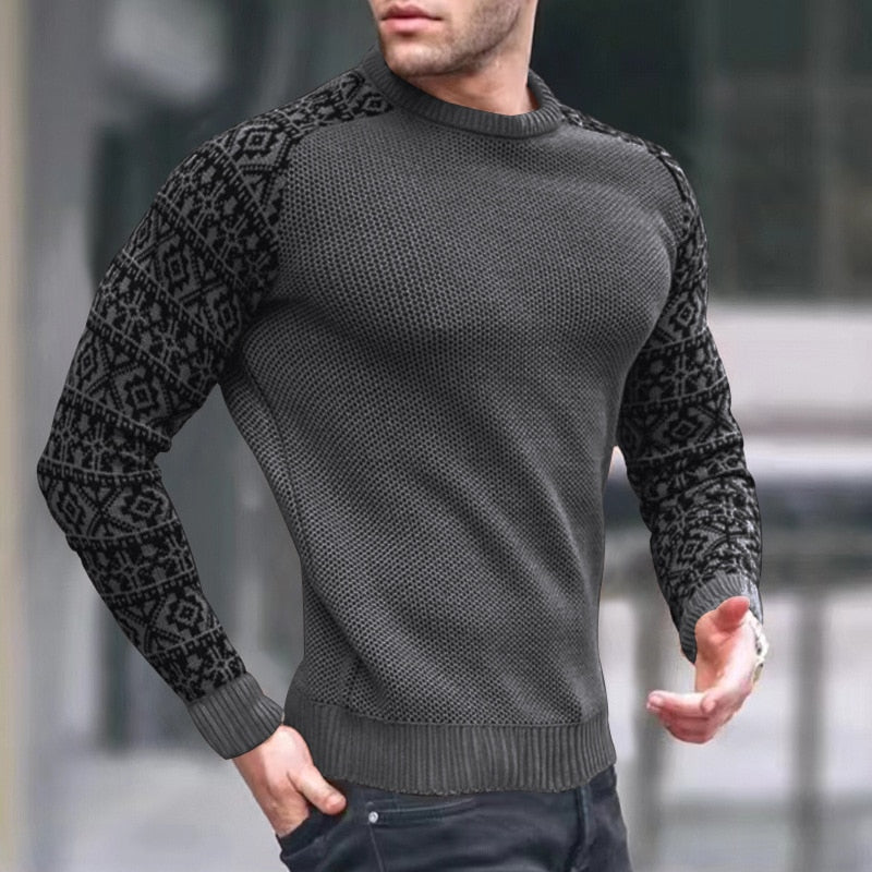 Bonsir Vintage Pattern Patchwork Long Sleeve Sweater Men Autumn Fashion Crew Neck Knitted Tops Pullover Mens Casual Slim Knit Sweaters