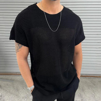 sanyamk  - Knitting Hollow Out Breathable Thin T Shirt Mens Summer Fashion Pure Color Knitted T-shirts Men Casual O Neck Short Sleeve Tops