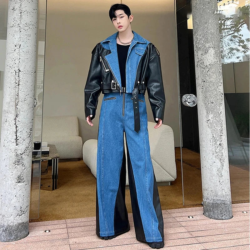 sanyamk New Fashion Men's Set Niche Design Two-piece Patchwork Suit Denim Leather Spliced Short Jacket Straigt Pants