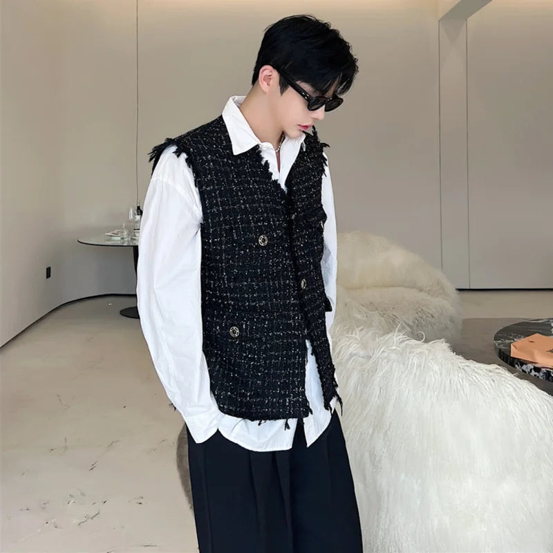 sanyamk Korean Style Coarse Tweed Vest Coat Trend Men Knit Burrs Casual Tank Tops Fashion Male Versatile Elgance Clothing 582acb