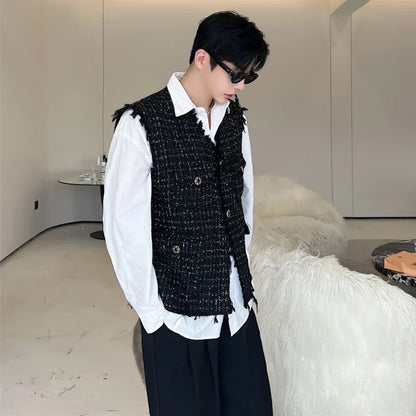 sanyamk Korean Style Coarse Tweed Vest Coat Trend Men Knit Burrs Casual Tank Tops Fashion Male Versatile Elgance Clothing 582acb