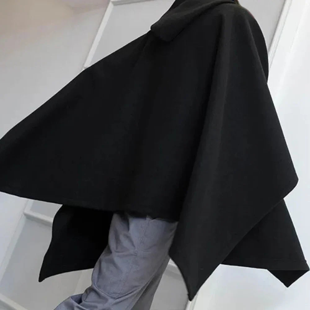 sanyamk Mens Dark Style Mid-Length Casual Hooded Cape Autumn And Winter Genderless Fashion Retro Loose Solid Color Shawl Cape Unisex