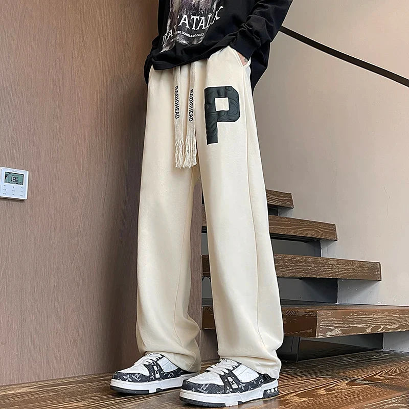 Bonsir 2024 Autumn New Men's Sweatpants Korean Fashion P Printed Wide Leg Straight Pants Streetwear Trousers