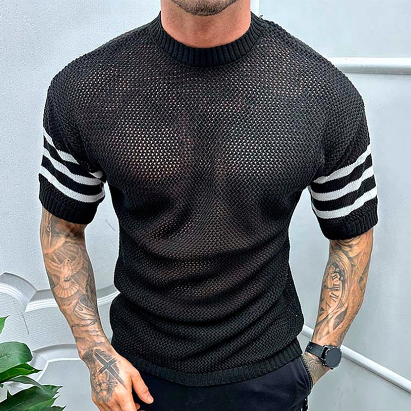 Bonsir Fashion Patchwork Short Sleeve Men's Knit Tops Spring Summer Casual Crew Neck Pullover Tee Men Clothing T Shirt Streetwear