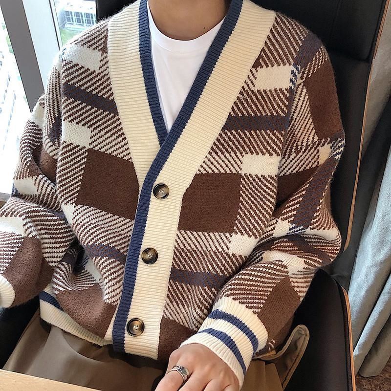 Bonsir Winter Korean Fashion Simple High Quality Plaid Knitted Cardigan Men Loose Casual Diamond Sweater Male Retro Casual Cardigan