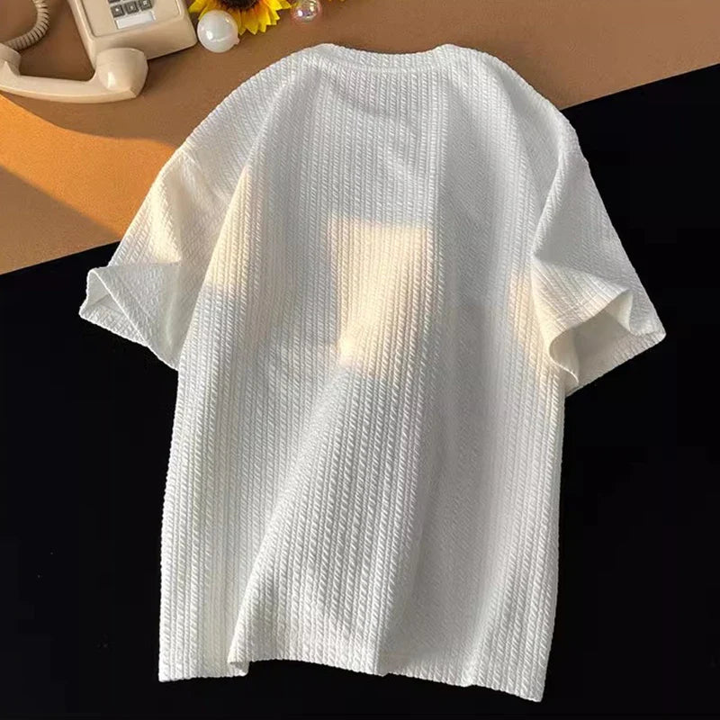 sanyamk  - Fashion Pleated Short Sleeve Mens T-shirts Casual Solid Color Simple Loose T Shirt For Men Clothes Summer Tops Men's Streetwear