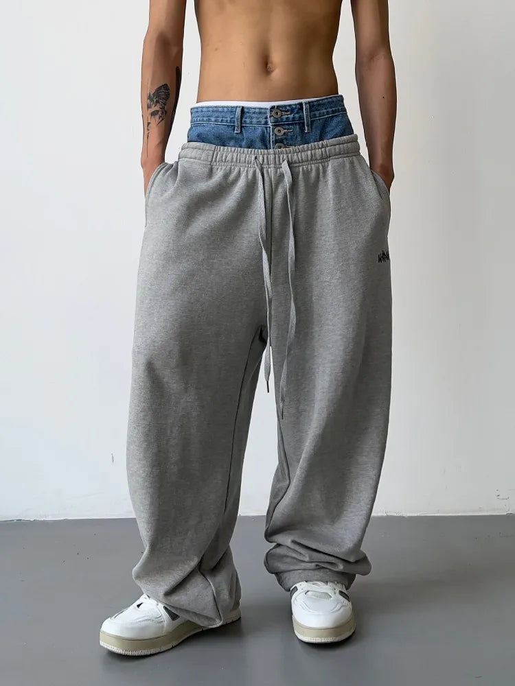 sanyamk Hip Hop Grey Sweatpants Sports Pants Button Jean Elastic Waist Pants Loose Trousers Y2K Casual Sportwear Pants Joggers