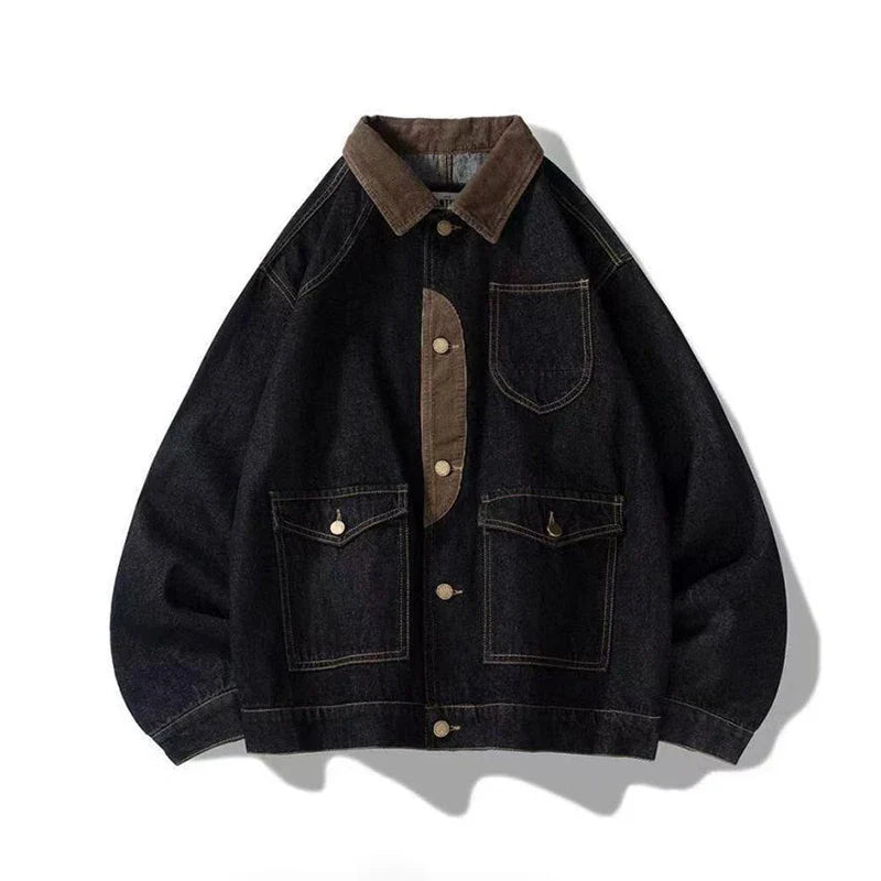 sanyamk Vintage Denim Jackets Men Retro Cargo Jacket Coats Outerwear Coat for Men Distressed Streetwear Japanese Patchwork
