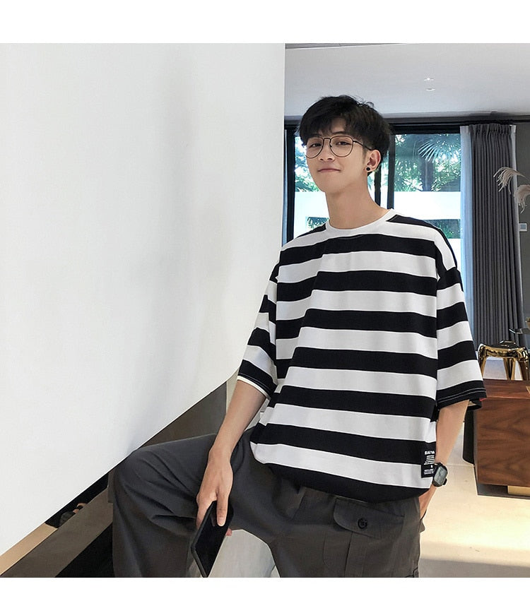 Bonsir New stripe Mens T Shirt Cotton  Summer  Male Oversized Tee Shirts 5XL Big Size Japanese Harajuku street Fashion Clothing