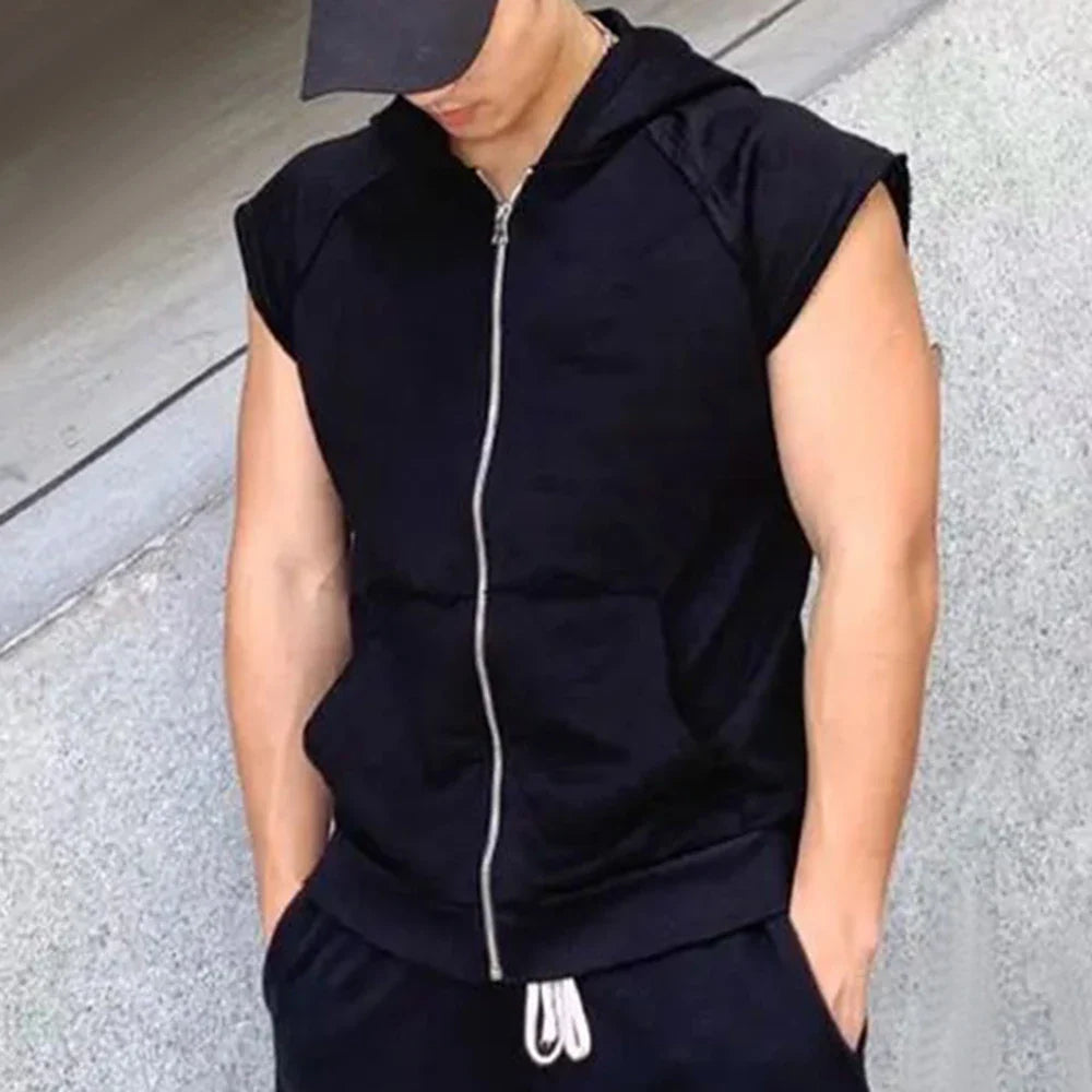 sanyamk Large Size Mens Casual Sleeveless Sweatshirt Hoodie 2024 Summer Sports Zipper Cardigan Waistcoat Training Fitness Vest Jacket