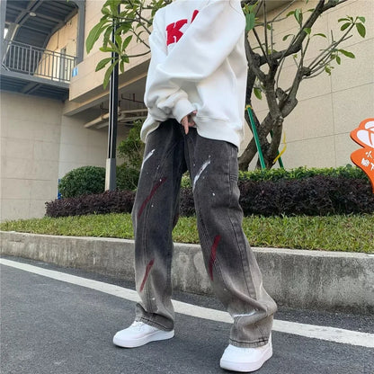 sanyamk High Street hiphop jeans Men's hip-hop Street work straight pants Black gray gradient speckled pants streetwear pantalon homme