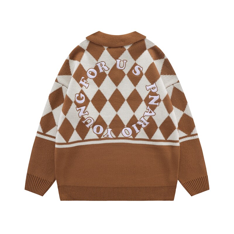 Bonsir Color Match Plaid Lapel Letter Embroidery Autumn Sweater for Male and Female High Street Patchwork Pullover Loose Clothes