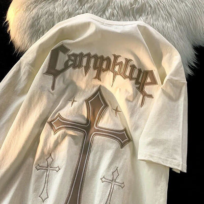 sanyamk 2022 New Arrival Top Fashion Summer Cotton O-neck Retro Heavy Print Short Sleeve Vintage Crucifix Gothic Personalized Tshirt