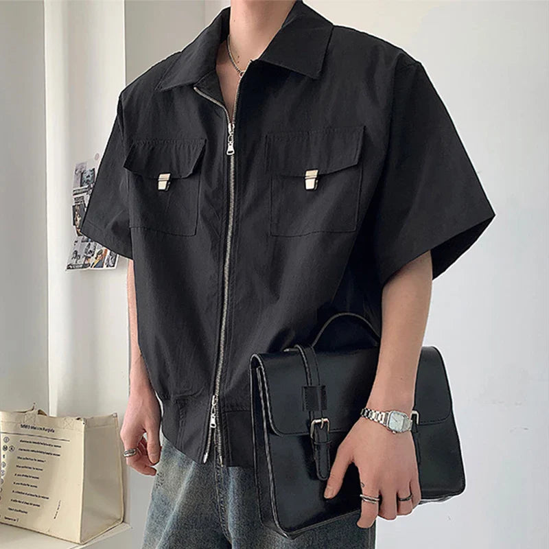 sanyamk 2024 Summer New Mens Fashion Shirts Zipper Turn-down Collar Patchs Pockets Cargo Shirt Men Vintage Y2K Loose Short Sleeve Shirts