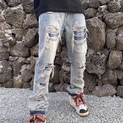 sanyamk High Street Hole Ripped Vintage Men Hip Hop Baggy Jeans Trousers Punk Distressed Retro Washed Straight Denim Pants Pantalon