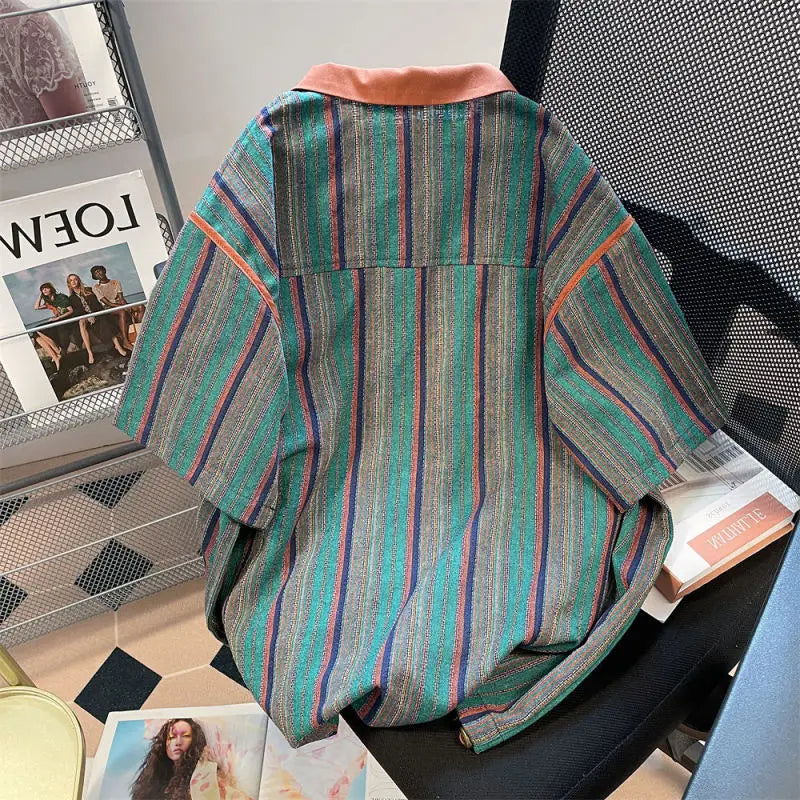 sanyamk 2024 New Summer Hong Kong Style Niche Trendy Brand Casual Loose Oversized Lapel Contrasting Stripes Short Sleeved Polo Shirt Top