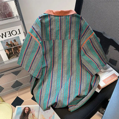 sanyamk 2024 New Summer Hong Kong Style Niche Trendy Brand Casual Loose Oversized Lapel Contrasting Stripes Short Sleeved Polo Shirt Top