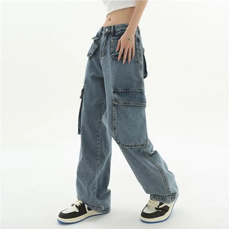 sanyamk Vintage Oversize Cargo Jeans Women Streetwear Fashion Wide Leg Pants Denim Elastic Waist Baggy New Straight Casual Trousers