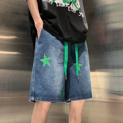 sanyamk Men's Street Hip-hop Denim Shorts Fashion Brand Star Print Loose Wide Leg Capris Summer Versatile Fashion Casual Pants