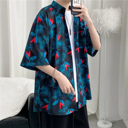 Bonsir Panelled Shirts Men Baggy Summer Printing Korean Style Hipster Half Sleeve All-match Daily Leisure High Street Slouchy Vitality