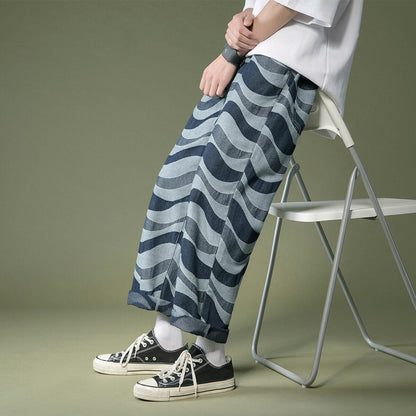 Bonsir Blue Water ripple Streetwear Oversize Jeans Men Harajuku Baggy Wide Leg Pants Straight Loose Hip Hop Denim Pants Male 2XL-S