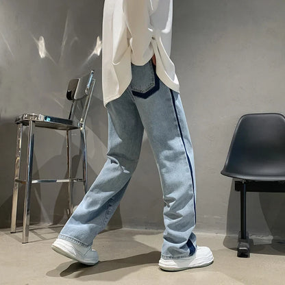 sanyamk High street vibe American trousers, male minority design sense, splicing jeans, overlapping stripes, floor length straight