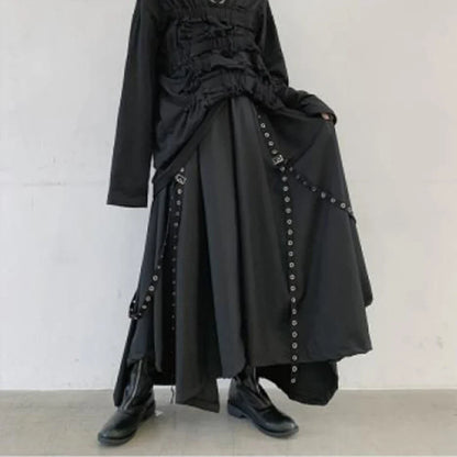 Bonsir Men Ribbon Dark Black Wide Leg Pants Male Women Japan Streetwear Punk Gothic Harem Trousers Kimono Skirt Pants