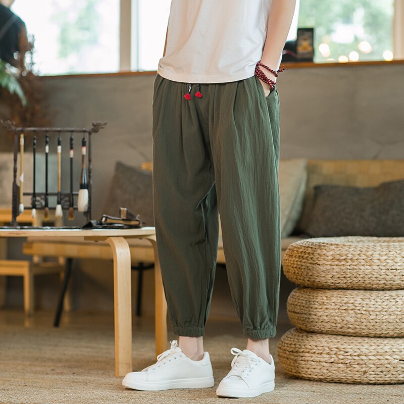 Bonsir  Chinese Style Harem Pants Men Streetwear Casual Joggers Mens Pants Cotton Linen Sweatpants Ankle-length Men Trousers M-5XL